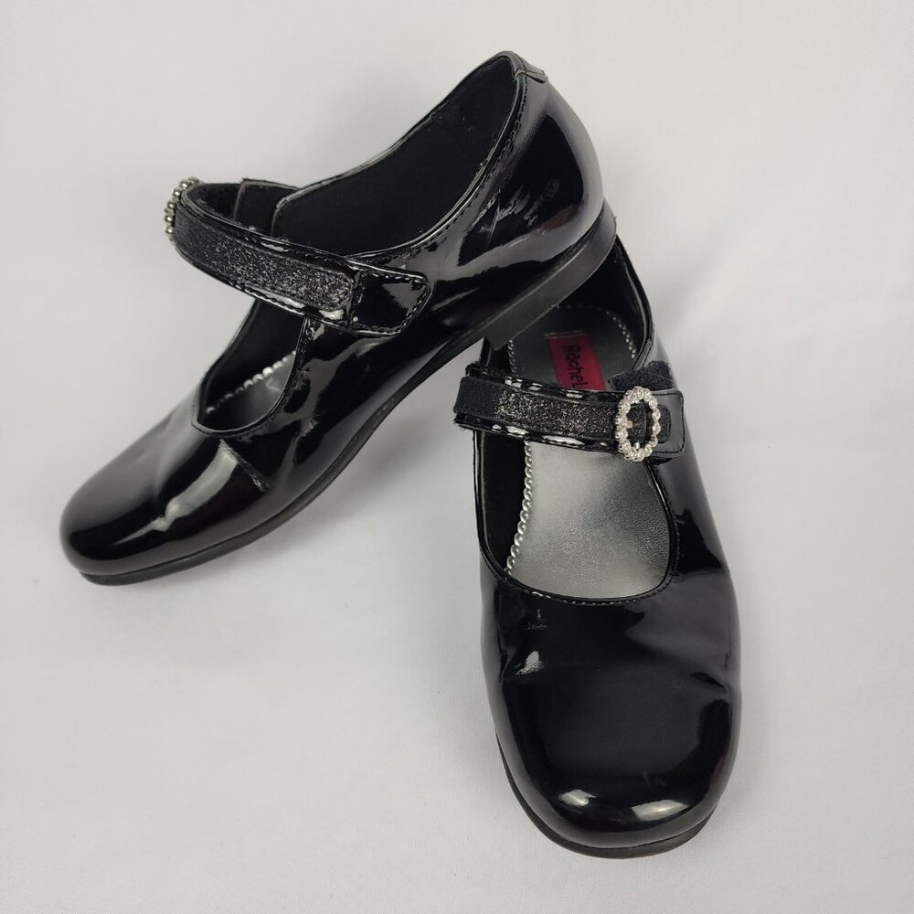 Rachel Shoes Girls 3M Black "Patent‎ Leather Look" Rhinestone Hook Loop Closure